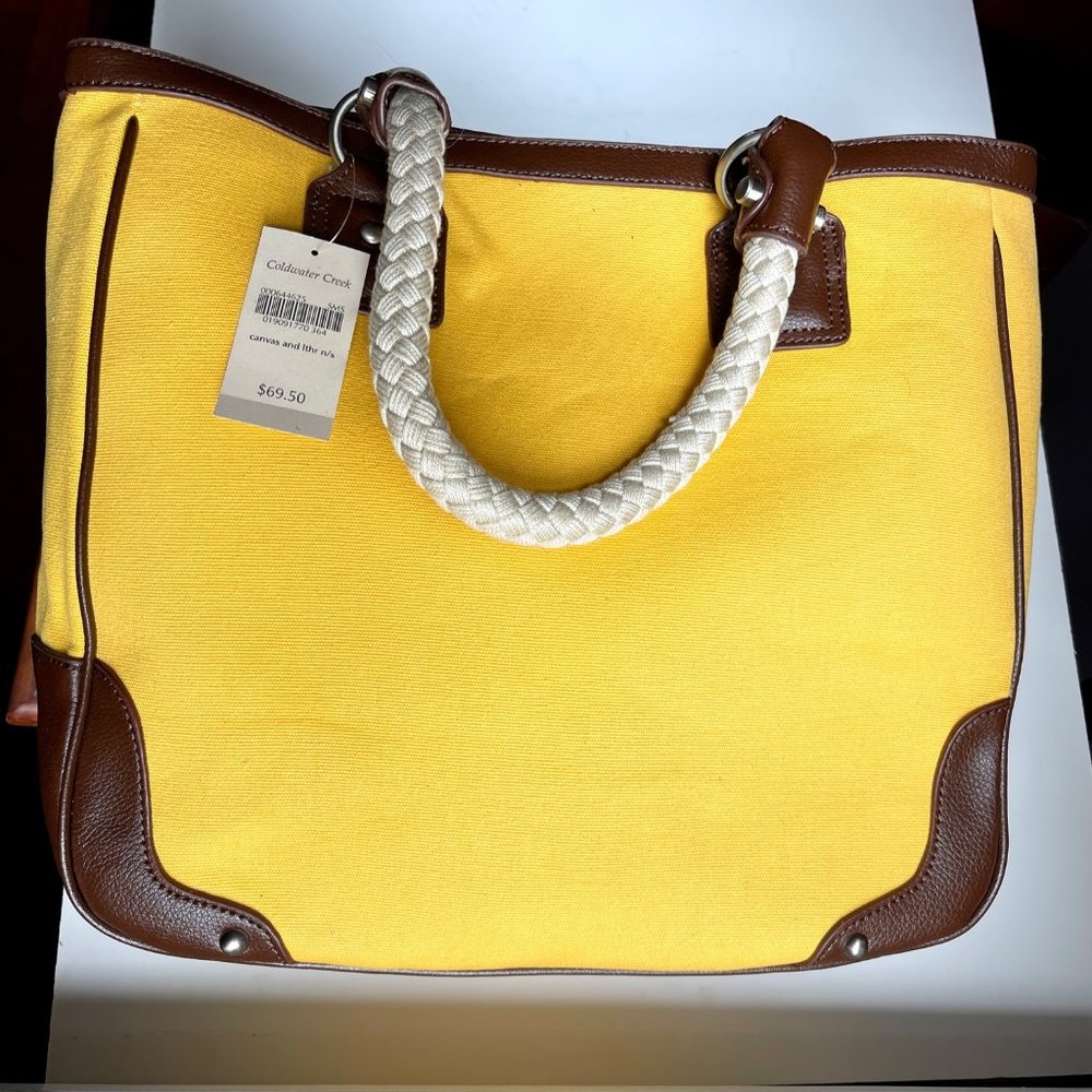 Coldwater Creek canvas and leather n/s tote bag with braided handles .